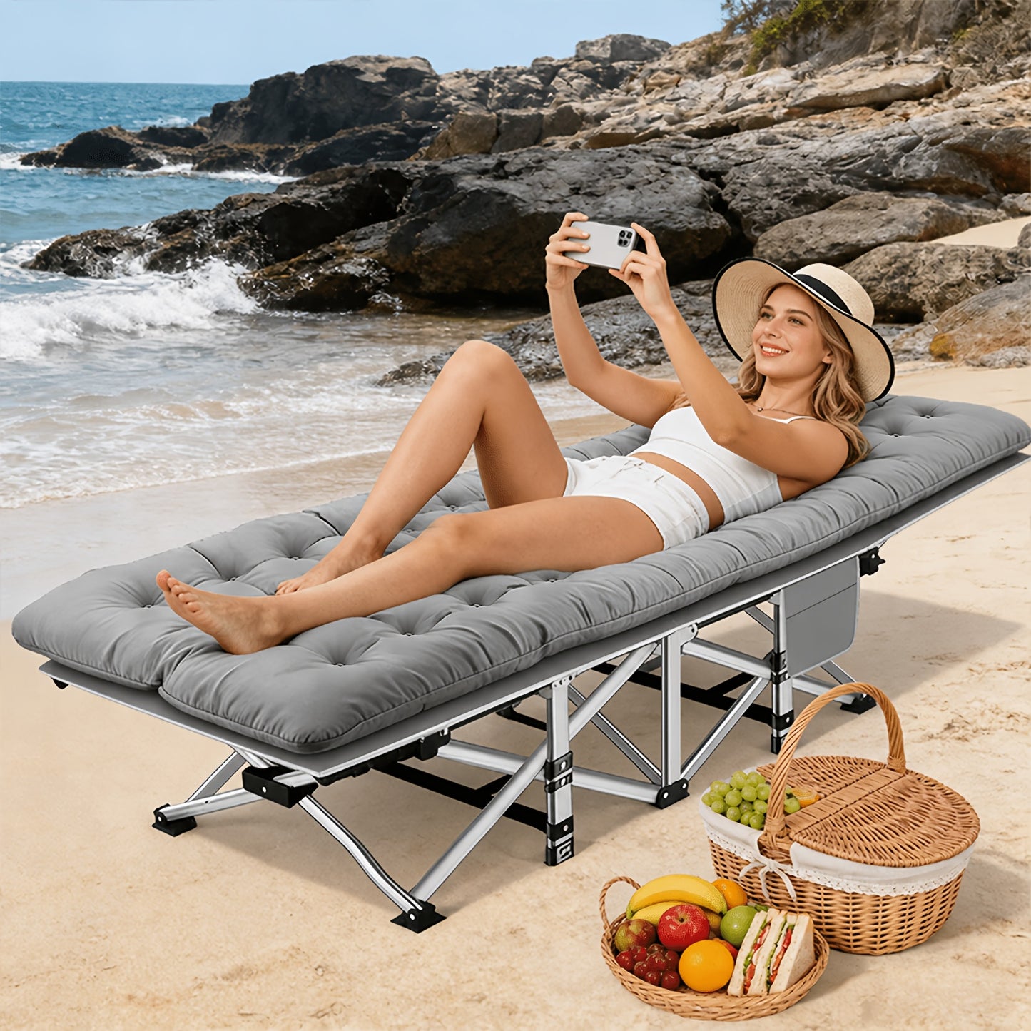 59inBed Frame Sold Separately Adult Camping Bed 28 Inch Wide Heavy-duty Folding Bed, Portable Folding Bed With Cushion, Pillow, And Handbag - No Assembly Required, Napping Bed, Guest Bed, Sofa Bed. Suitable For Camping, Beaches, RVs 510/610/710 Lbs