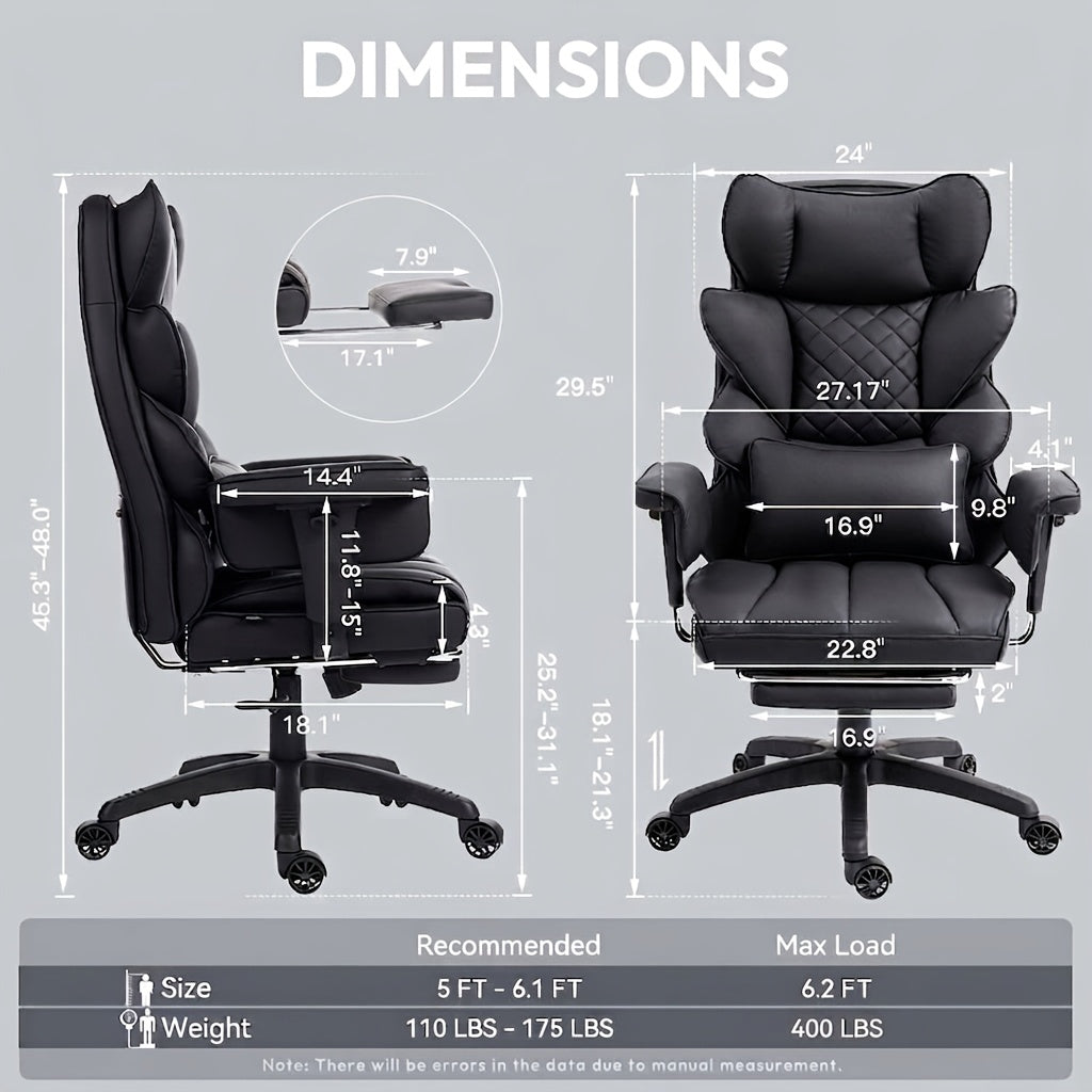 Big And Tall Office Chair with Pocket Spring Cushion, Swivel Office Chair with Footrest, Gamer's Chair with Adjustable Armrests And Lumbar Support, Executive Chair for Office, Bedroom, And Gaming, Fabric, Leather, Black, White, Gray, And Brown.