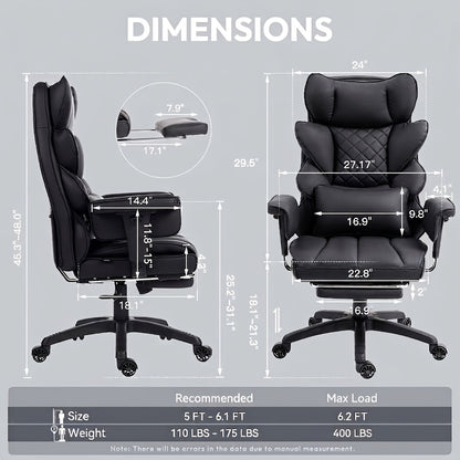 Big And Tall Office Chair with Pocket Spring Cushion, Swivel Office Chair with Footrest, Gamer's Chair with Adjustable Armrests And Lumbar Support, Executive Chair for Office, Bedroom, And Gaming, Fabric, Leather, Black, White, Gray, And Brown.
