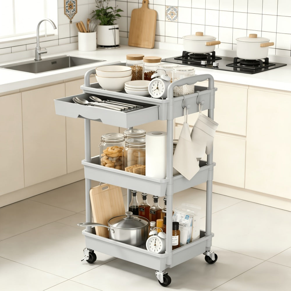 3-Tier Rolling Utility Cart with Drawer & Lockable Wheels – Plastic Storage Organizer for Bathroom, Kitchen, Office & Living Room, 5 Colors