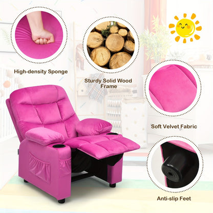 Girls' Pink Velvet Recliner Chair with Cup Holder & Storage Pocket - Heavy-Duty 300lb Capacity, Ergonomic Backrest & Armrests, Manual Recliner with Safety Belt - Modern Soft Cushioned Lounge Chair for Kids & Teens, Easy Assembly, Ideal for Bedroom, Living