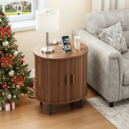 PAZCASA Oval End Table with Storage & Charging Station, Wood Accent Side Table with Sliding Door & Adjustable Shelf/Leg Pad, Mid Century-Modern Nightstand for Small Space, Living Room, Bedroom, 1pc/2pcs, Walnut/Black/Natural White/Oak