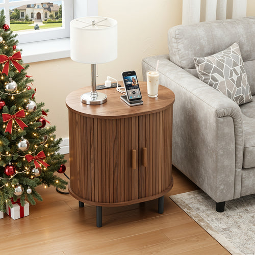 PAZCASA Oval End Table with Storage & Charging Station, Wood Accent Side Table with Sliding Door & Adjustable Shelf/Leg Pad, Mid Century-Modern Nightstand for Small Space, Living Room, Bedroom, 1pc/2pcs, Walnut/Black/Natural White/Oak