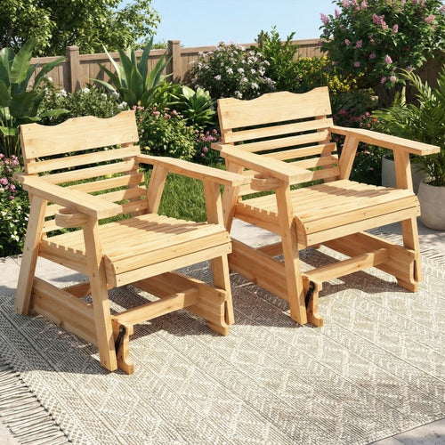 Solid Wood Patio Rocking Chair with High Backrest, Curved Seat, Wide Armrests, Hidden Cup Holder, Porch Rocker Slatted Chair for Backyard Balcony Poolside, 330 LBS Strong Loading