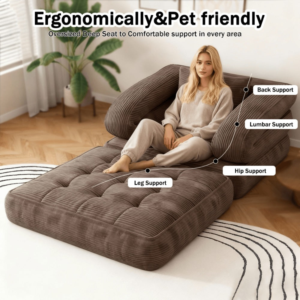 Convertible Sofa Bed No Assembly Required, Multi-Position High-Density Sponge Corduroy Sofa for Small Spaces Bedroom Apartment RV, Lazy Lounger Movie Sofa