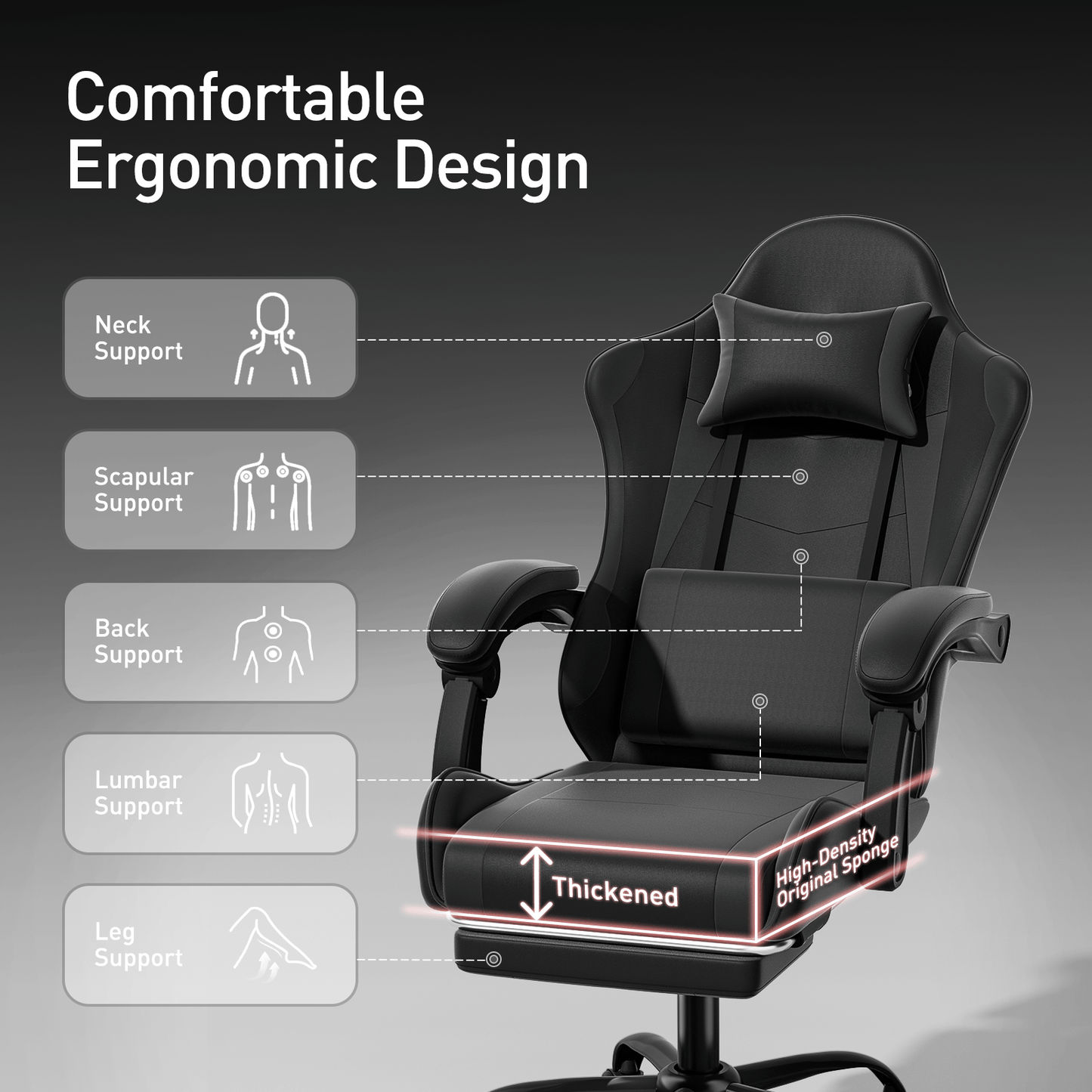 Ergonomic Gaming Chair with Retractable Footrest & Detachable Lumbar Support 360 Degree Swivel Racing Style PU Leather Computer Gaming Chair with Headrest for Home Bedroom Office
