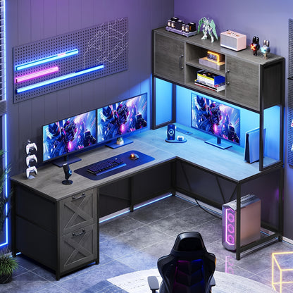 L-shaped Desk with Drawers, 62.2-inch Home Office Desk Featuring Fabric File Drawers and Power Outlets, L-shaped Desk with Storage Cabinet, Storage Shelf, LED Light