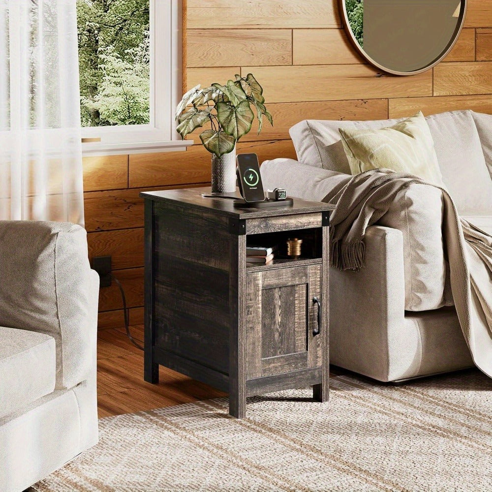 End Table with Charging Station USB Ports & Outlets | Farmhouse Nightstand with Storage for Small Spaces, Narrow Side Table for Living Room & Bedroom | Espresso, White, Brown, Greige
