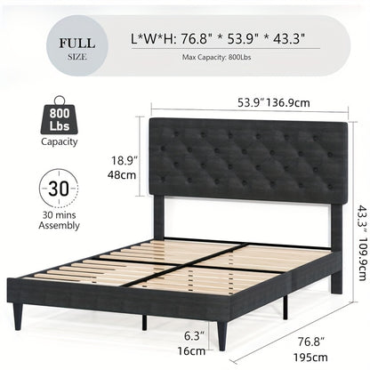 Twin/Full/Queen/King Size Bed Frame With Headboard, Linen Fabric Upholstered Bed Frame With Wood Slats(mattress Not Included), Halloween Decor, Wood Slats For Easy Assembly, Button Tufted, White/Blue/Dark Gray/Light Gray/Pink