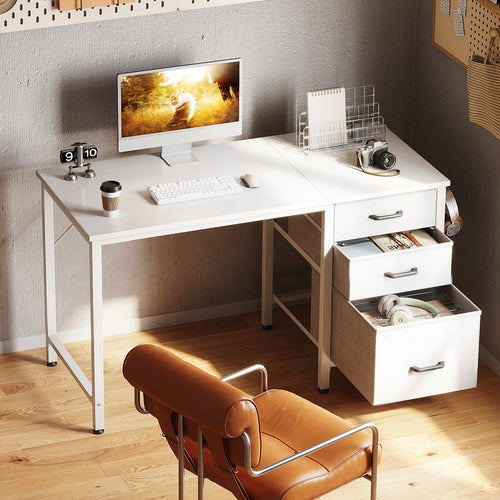Computer Desk with 3 Fabric Drawers & Hook for Small Space – Home Office Writing Study Table with File Storage, 40"/48" White & Black Bedroom Desk