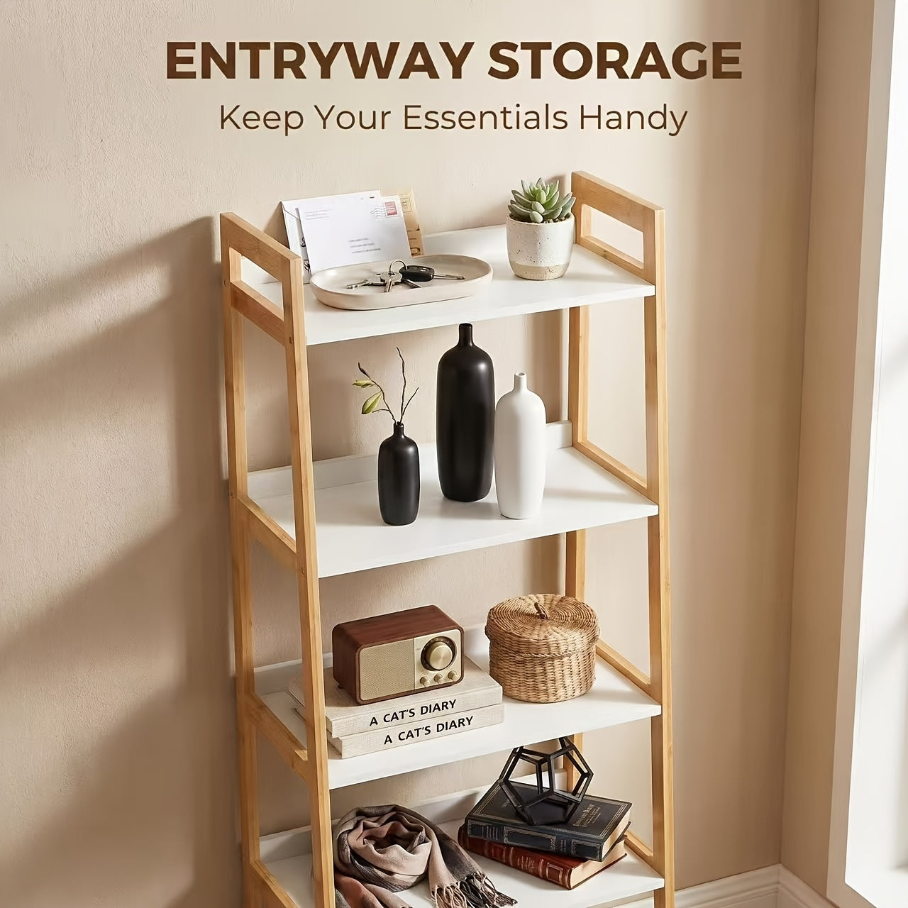 5 Tier Bookshelf, Modern Open Bookcase, Ladder Bookshelf Open Storage Rack Wood Ladder Shelf, Bookcase Shelf Storage Organizer, Industrial Book Shelves for Home