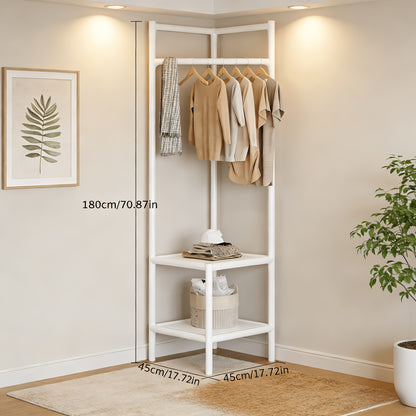 Corner Clothes Hanger with Shelves, Two-tier And Three-tier Freestanding Corner Storage Racks, Multi-functional Corner Coat Rack with Hanging Rods, Suitable for Entryways, Bedrooms, Bathrooms, Available In White/black