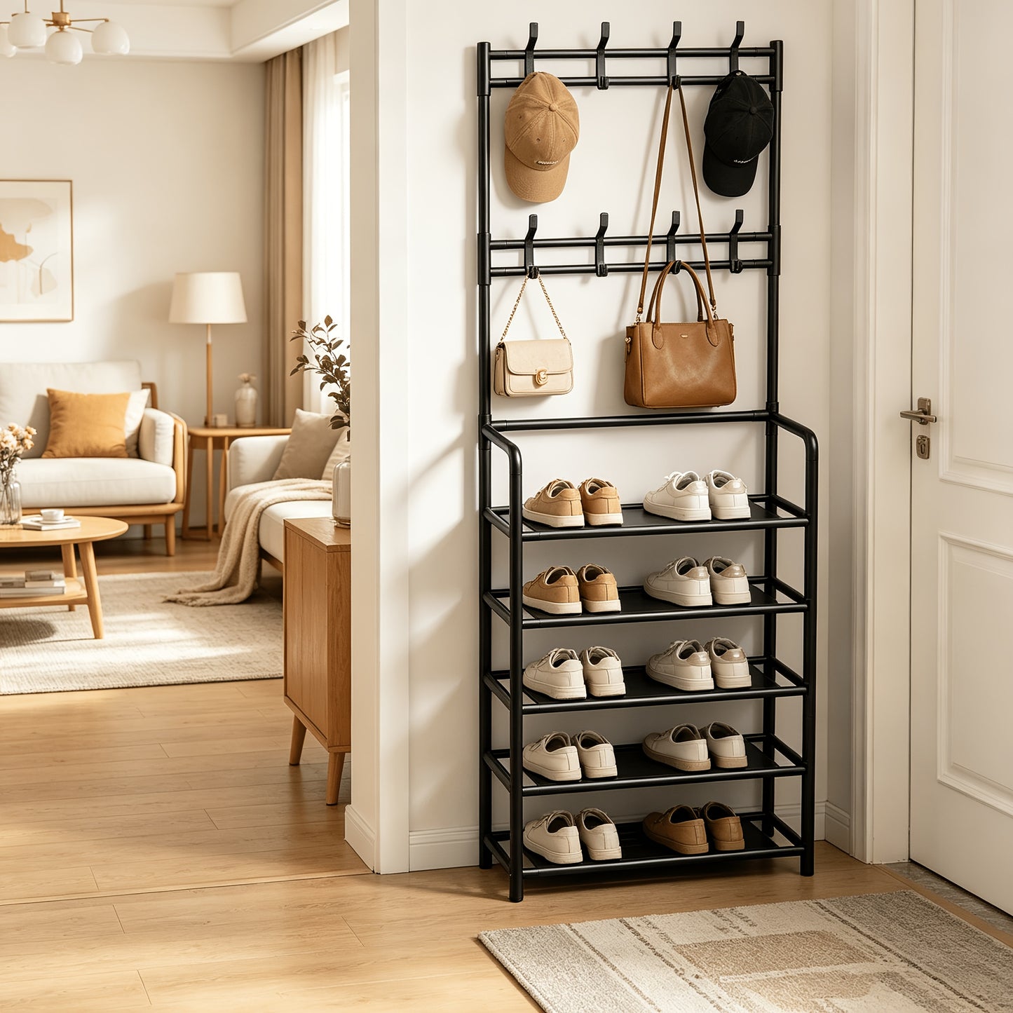 5-Tier Metal Shoe Rack With 8 Multi-Functional Hooks, Freestanding Entryway Organizer For Shoes, Coats, Hats & Bags, Space-Saving Shoe Storage Shelf For Hallway, Bedroom, Living Room