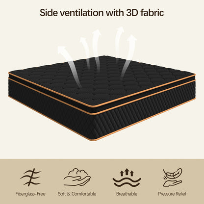 Hybrid Pocket Coil Memory Foam Mattress, 4/10/12/14 Inch Cooling Gel Layer, Twin Full Queen King Sizes, Medium Firm Pressure Relief, Motion Isolation Roll Compressed Box Mattress