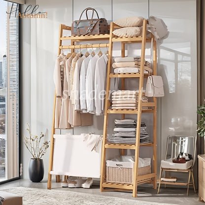A multi capacity storage rack with brown and brown options, equipped with 5 side storage racks. A hat rack with shelves and bags is suitable for home storage, and a side hat hook is suitable for bedroom and hat room storage Specifications: with bag or wit