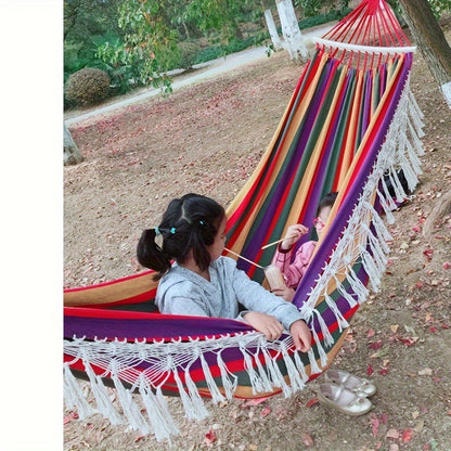 Tusheng Bohemian Style Hammock with Fringe, Blend Fabric, Extra Thick Ropes, 450lb Capacity, Outdoor/Garden/Patio/Wedding Decor, Includes Carry Bag