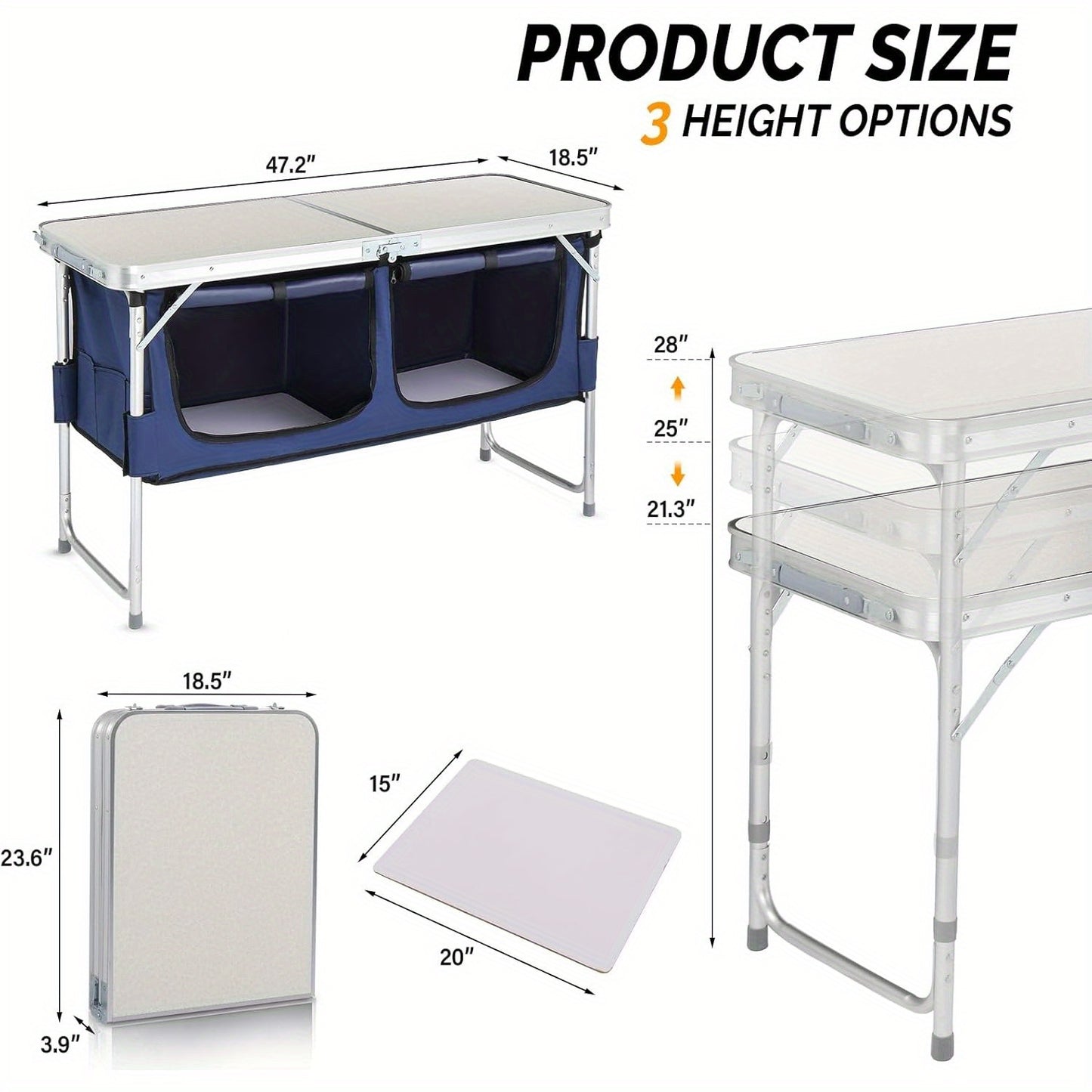 Bonnlo 4ft Folding Table with Storage Aluminum Camping Picnic Table Adjustable Height for Outdoor Beach BBQ Backyards Travel Party Garden Patio Folding Dining Table Black/ White Foldable Table Camping Gear and Equipment