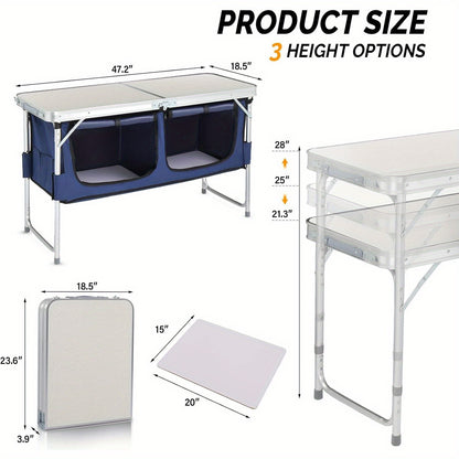 Bonnlo 4ft Folding Table with Storage Aluminum Camping Picnic Table Adjustable Height for Outdoor Beach BBQ Backyards Travel Party Garden Patio Folding Dining Table Black/ White Foldable Table Camping Gear and Equipment