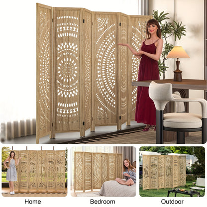 Room Divider 94.5 Inch Tall Folding Wood Carved Boho Privacy Screen 3 or 6 Panels - Freestanding Partition for Bedroom, Home Office, Studio Apartment & Living Room | Antique White & Natural Wood