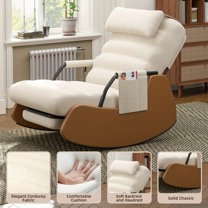 VIWAT Nursery Glider Rocking Chair with Soft Cushioned Seat & Headrest, Corduroy Upholstery Manual Rocker, Plush Accent Chair with Side Pocket for Nursery, Living Room, Bedroom - Dark Grey/Black (No Wood, Easy Assembly) -Friendly