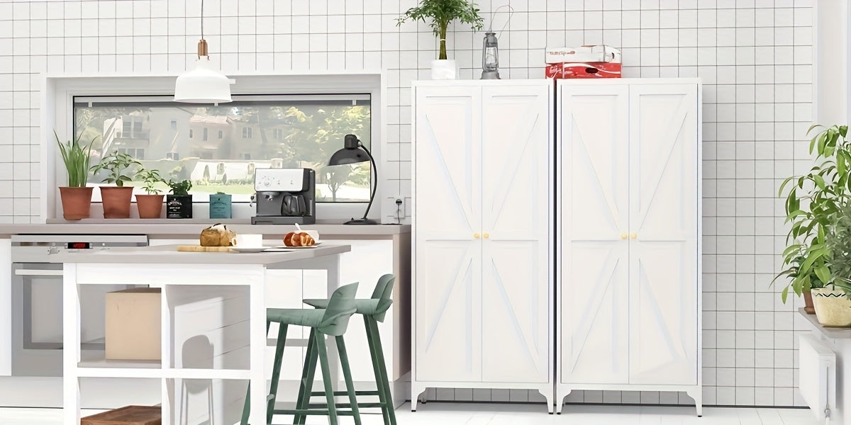Metal Storage Cabinet, Metal Kitchen Pantry Cabinet, Food Pantry Storage Cabinets With Doors And Shelves, Large Steel Storage Cabient For Dinning Room, Laundry Room, White/Black