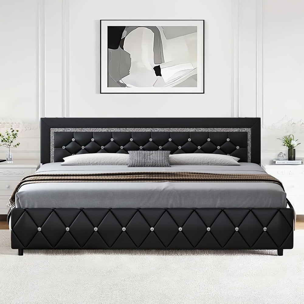 Upholstered Bed Frame with Diamond Tufted Headboard, Faux Leather Headboard and Footboard, Wooden Slat Support, No Box Spring Needed, Easy Assembly, Twin Full Queen King, Black