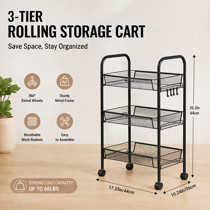 Mobile Metal Storage Shelf - 3/4/5-Tier Metal Kitchen Trolley With Hooks, Rolling Cart With 360° Swivel Wheels, Mesh Basket Layered Organizer For Narrow Gap, Kitchen, Bathroom, Office, Study, Garage, Ideal Storage Cart