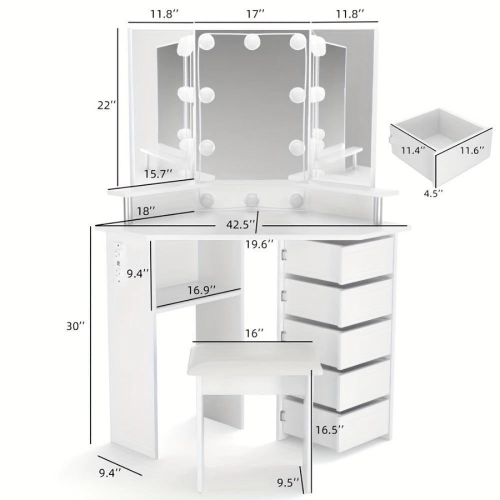 42" Corner Makeup Vanity Desk with Tri-Mirror, Lights & Outlet, 5 Sliding or Rotating Drawers, Stool Included – Dressing Table Set for Bedroom