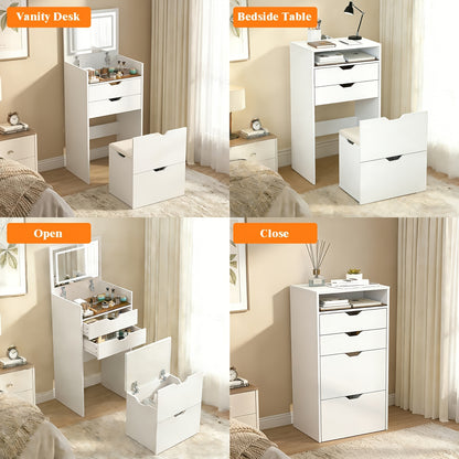 [3-In-1 Vanity Desk] 3-In-1 Vanity Desk with Flip Top Mirror, Small Makeup Vanity Set with Visible Glass Desktop, Compact Dressing Table with Drawers, 3-Color Lighting, Hidden Stool for Bedroom Space-Saving, White