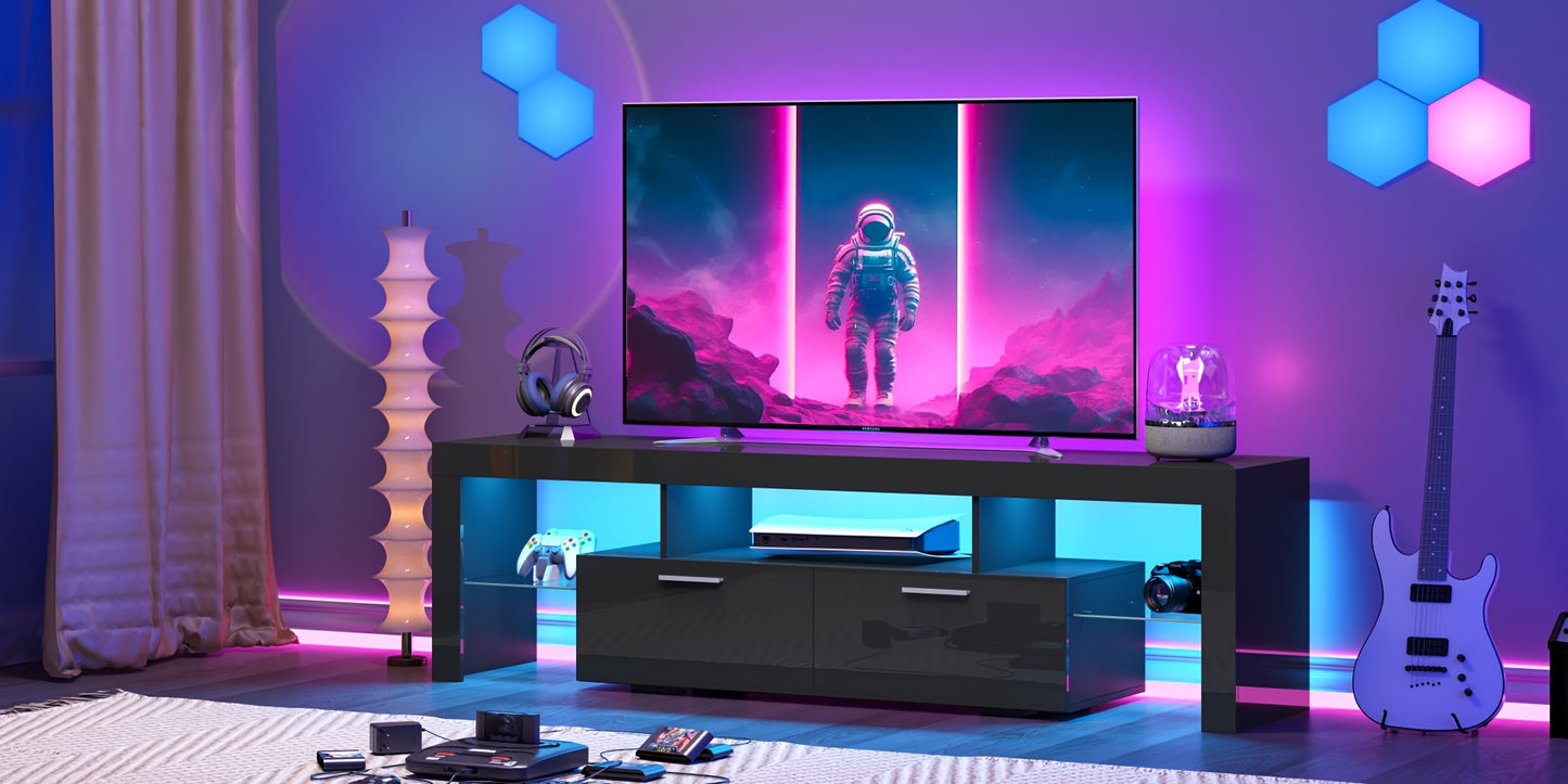 Contemporary LED TV Stand Measuring 63''/71'' Suitable for 55/65/75/80 Inch Televisions, Featuring a High Gloss End. This Media Console Table Serves As an Entertainment Center with Storage Drawers, Perfect for Your Living Room, Game Room