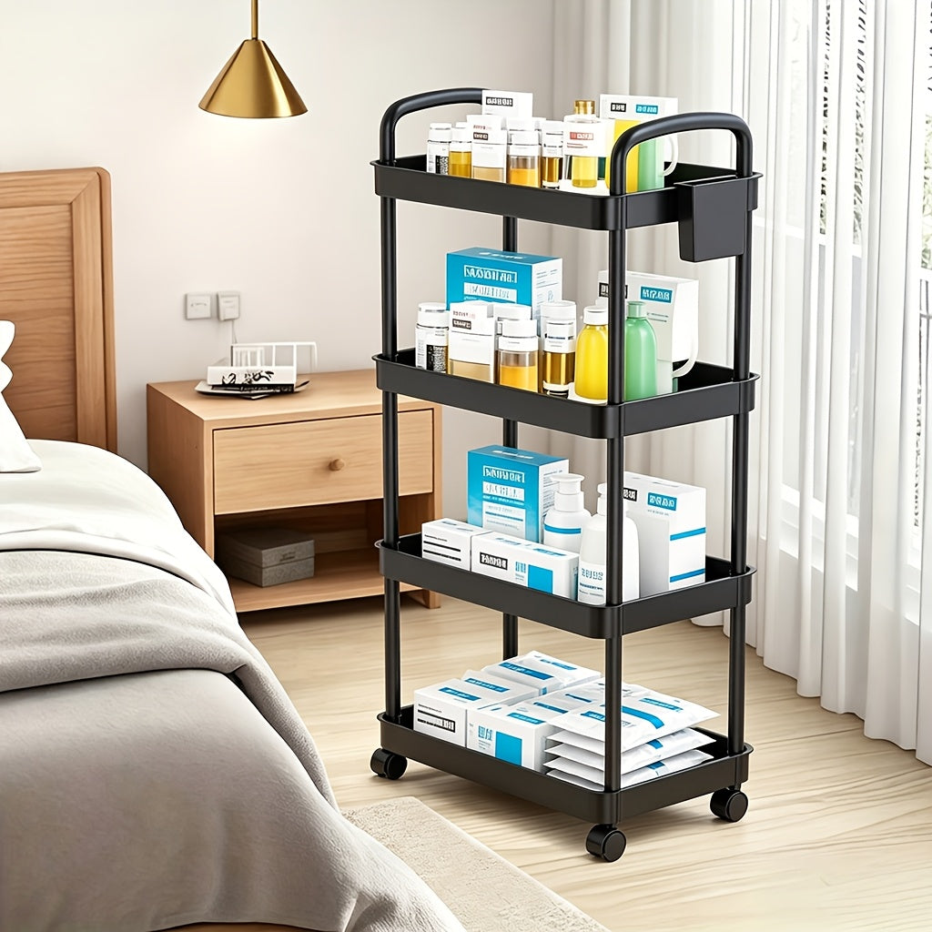 3/4/5-Tier Plastic Rolling Utility Cart with Handle, Multi-Functional Storage Trolley for Office, Living Room, Kitchen, Movable Storage Organizer with Wheels, White