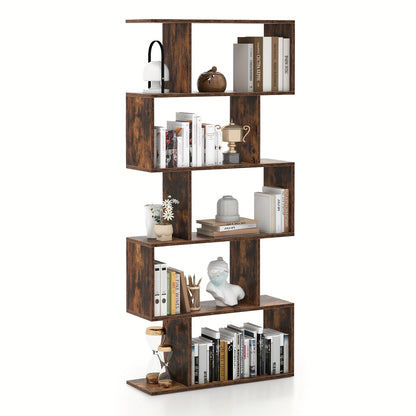 5-Tier Geometric S-Shaped Bookcase, Rustic Wooden Room Divider Storage Display Shelf, 62.5" Tall Freestanding Shelving Unit for Home & Office Decor