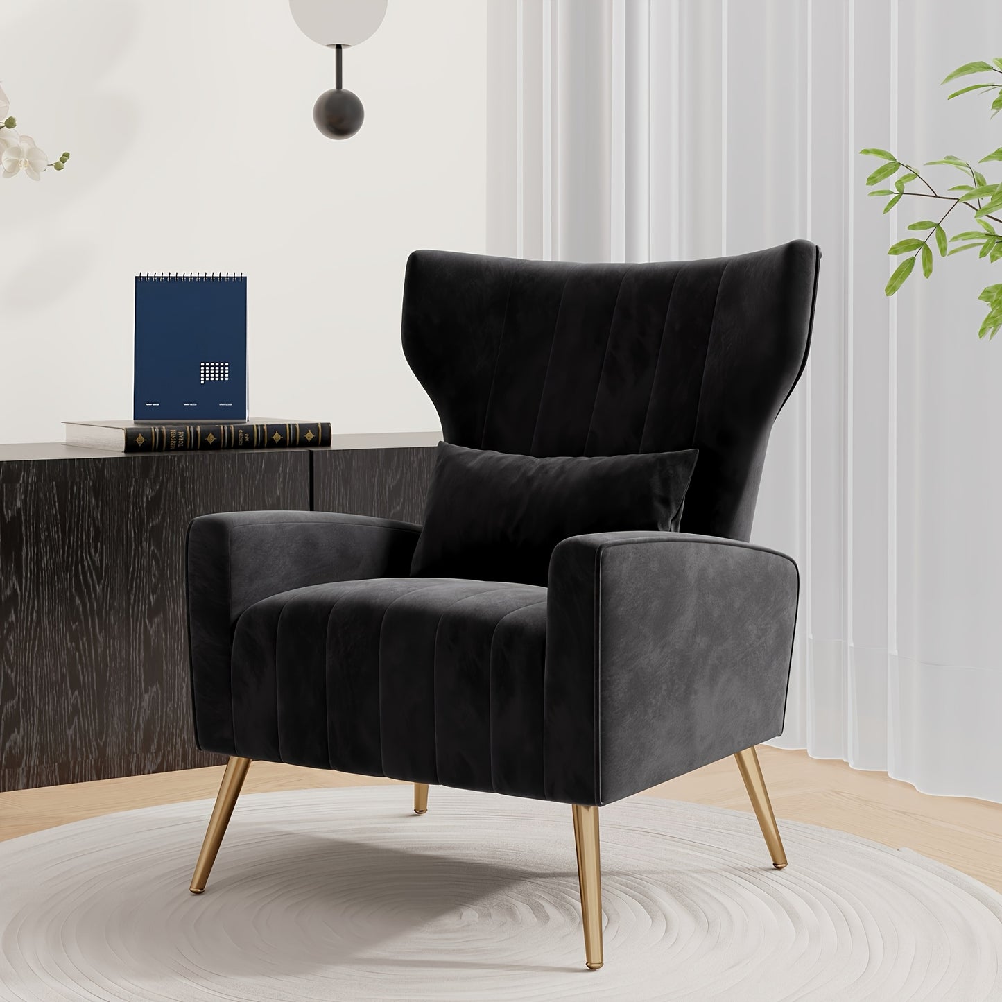 Velvet Accent Chair Wingback for Living Room, High Back Arm Chair with Golden Legs Lumbar Pillow, Upholstered Single Sofa Bedroom, Local Warehouse.