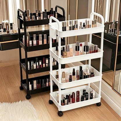 Rolling Utility Cart with Handle & Wheels, 3 4 or 5 Tier Plastic Storage Trolley for Office Kitchen Living Room Bathroom, Movable Multi-Functional Organizer Cart, White & Black