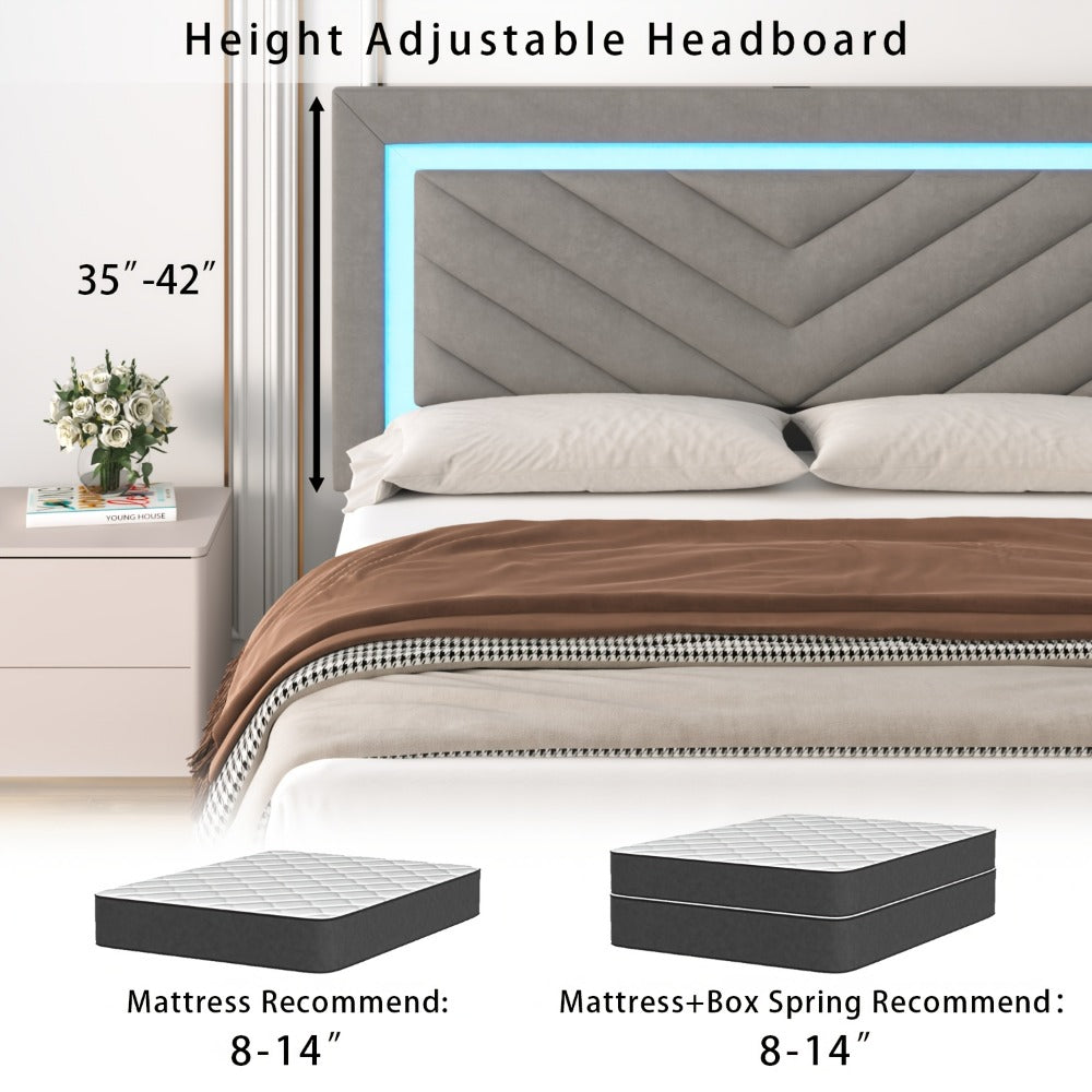 Upholstered Platform Bed Frame with LED Adjustable Headboard, Storage Drawers and Charging Station, No Box Spring Needed, Noise Free, Twin Full Queen, Off White Grey