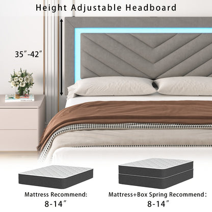 Upholstered Platform Bed Frame with LED Adjustable Headboard, Storage Drawers and Charging Station, No Box Spring Needed, Noise Free, Twin Full Queen, Off White Grey