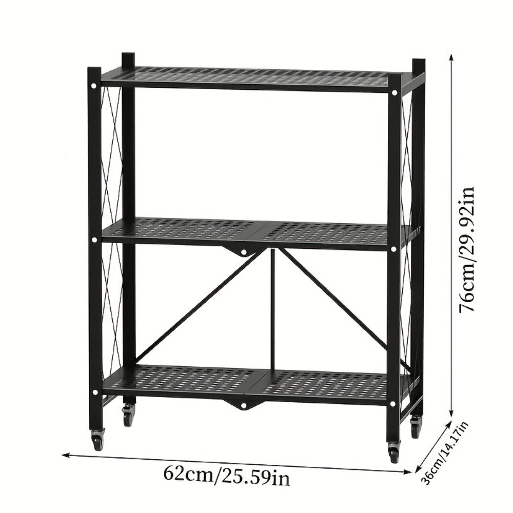 Heavy-Duty Foldable Storage Shelf with Wheels – 3, 4 or 5 Tier Black Metal Shelving Unit, No Assembly Required, Space-Saving Rack for Living Room, Kitchen, Garage & Office