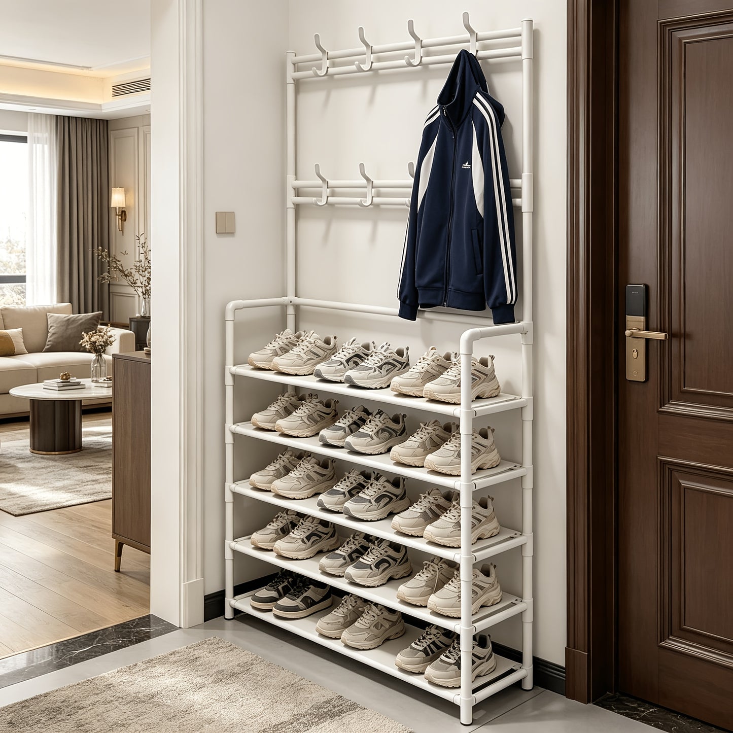 5-Tier Metal Shoe Rack With 8 Multi-Functional Hooks, Freestanding Entryway Organizer For Shoes, Coats, Hats & Bags, Space-Saving Shoe Storage Shelf For Hallway, Bedroom, Living Room