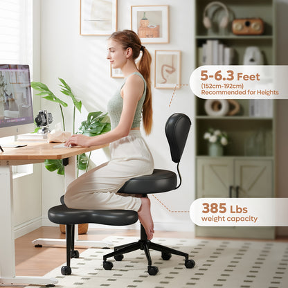 Cross Legged Chair - Meditation Chair With Wheels, ADHD Chair, Height Adjustable Seat, Adjustable Stool, Ergonomic Back Support, Flexible Design, Velvet And Faux Leather Black, Perfect Christmas Gift For Fidgety Sitters And Yoga Lover