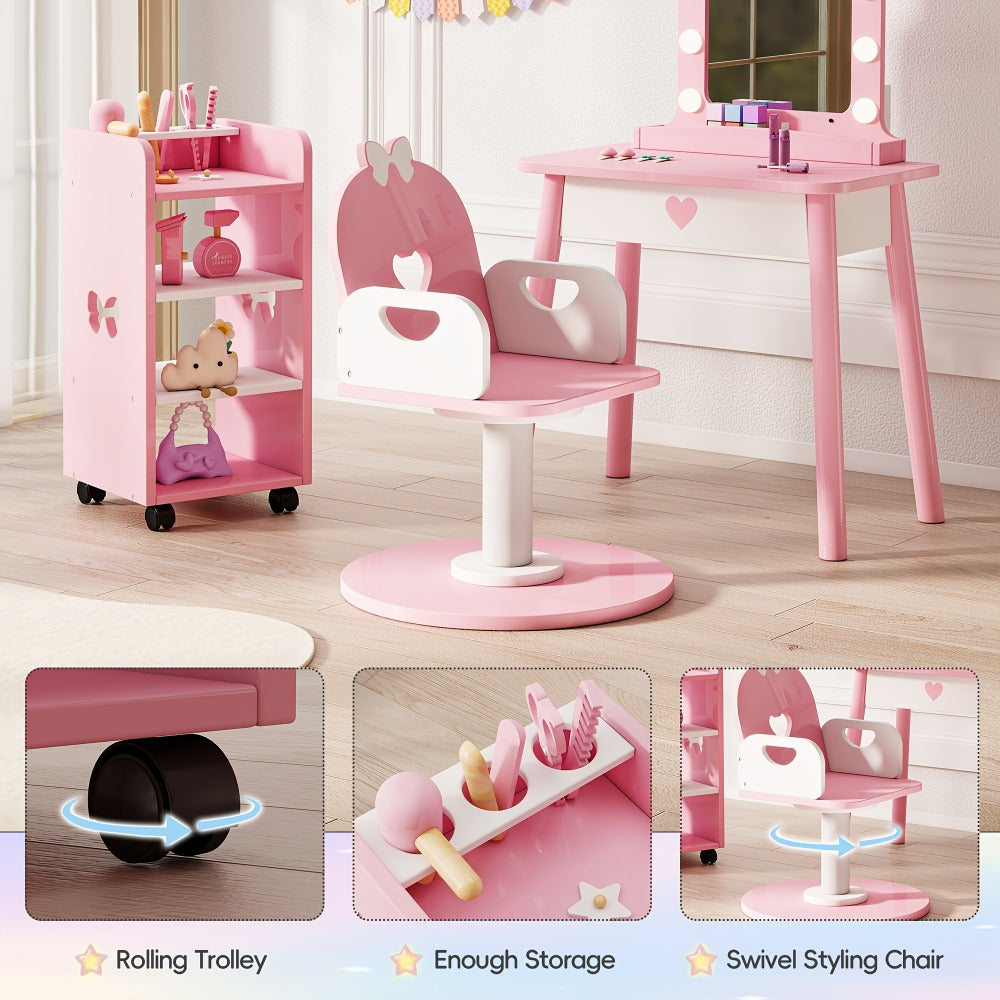 Kids Vanity Set with Light and Barber Chair, Pink Makeup Dressing Vanity Table with Storage Shelf and Hair Salon Play Set 7pcs Accessories, Pretend Play Vanity Set for Toddler Girls