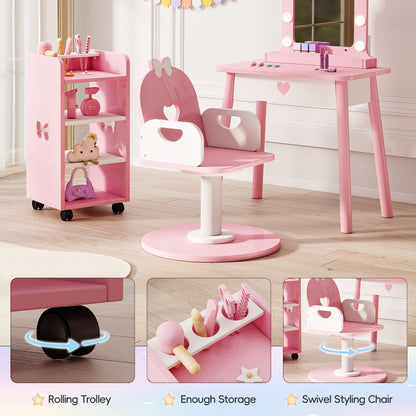 Kids Vanity Set with Light and Barber Chair, Pink Makeup Dressing Vanity Table with Storage Shelf and Hair Salon Play Set 7pcs Accessories, Pretend Play Vanity Set for Toddler Girls