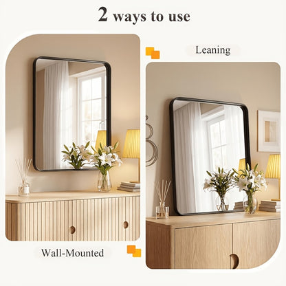 Rounded Rectangle Wall Mounted Vanity Mirror Modern Matte Metal Frame, Decorative Bathroom Mirror for Entryway Bedroom Living Room Home Decor