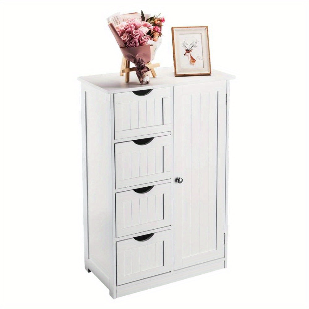 Bathroom Floor Cabinet, Side Storage Organizer with 4 Drawers, 1 Cupboard 2-Shelves, White