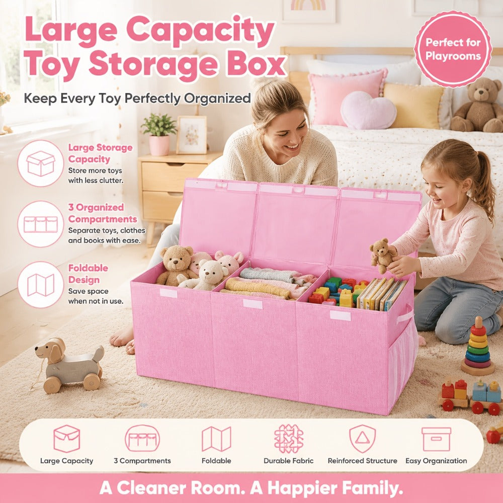 Extra Large Collapsible Storage Bin with Mesh Pockets, 40"x14"x16" Foldable Toy Box Organizer for Kids Girls Bedroom Playroom Home, Pink Sturdy Storage Basket