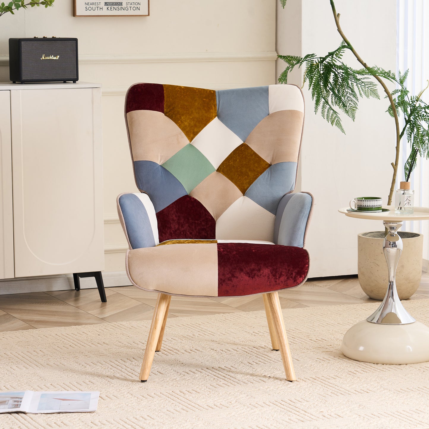 Patchwork Accent Chair High Back Armchair with Memory Foam Cushion & Hardwood Legs – 330 lbs Capacity Linen Upholstered Reading Chair for Living Room Bedroom Home Office, 6 Colors