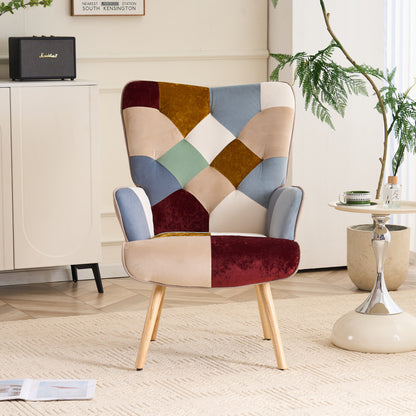 Patchwork Accent Chair High Back Armchair with Memory Foam Cushion & Hardwood Legs – 330 lbs Capacity Linen Upholstered Reading Chair for Living Room Bedroom Home Office, 6 Colors