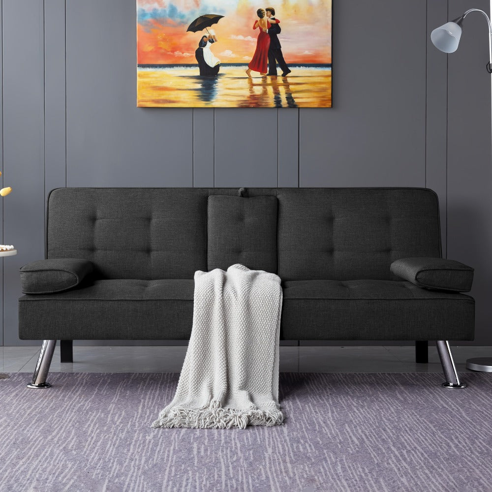 Convertible Futon Sofa Bed 67 Inch Sleeper Couch with Adjustable Backrest, Cup Holders, Detachable Armrests & Side Pocket - Fold Flat Guest Bed for Living Room, Apartment, Dorm