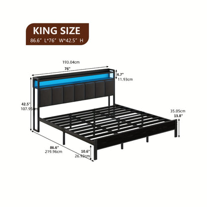 Bed Frame with Storage Headboard LED Lights and Charging Station Twin Full Queen King Heavy Duty Metal Slatted Base No Box Spring White Grey Cream