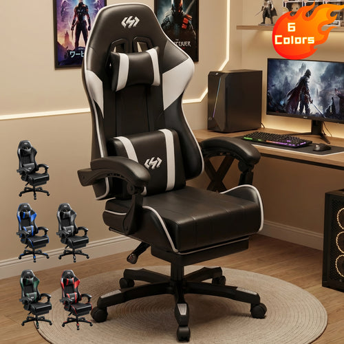 Ergonomic Gaming Chair with Spring Cushion, Retractable Footrest, Headrest & Lumbar Support, PU Leather Swivel Computer Desk Chair for Office & Gaming
