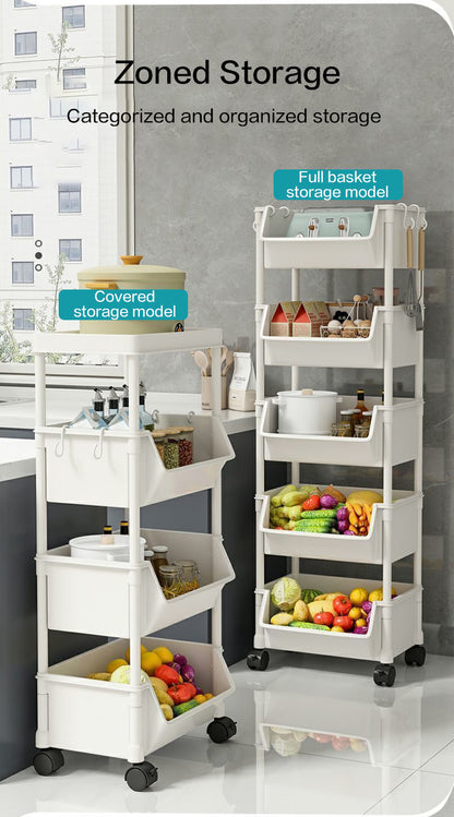 Rolling Cart Organizer, Kitchen Storage Shelf with Lockable Wheels, for Living Room Office Bathroom Garage Narrow Spaces